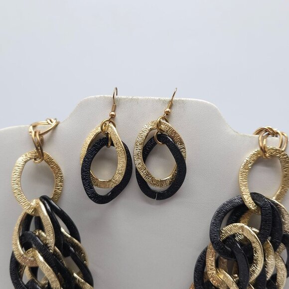 Black Gold Chunky Statement Necklace Matching Oval Drop Earrings Textured - Picture 3 of 9